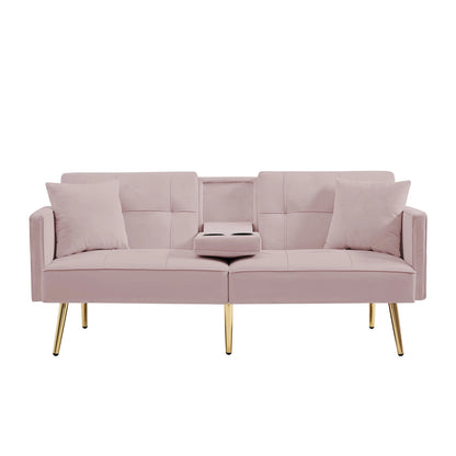 Pink Velvet Futon Sofa Bed with Gold Metal Legs Pink