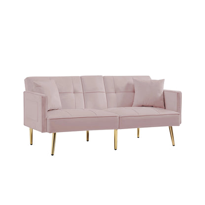 Pink Velvet Futon Sofa Bed with Gold Metal Legs Pink