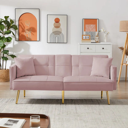 Pink Velvet Futon Sofa Bed with Gold Metal Legs Pink