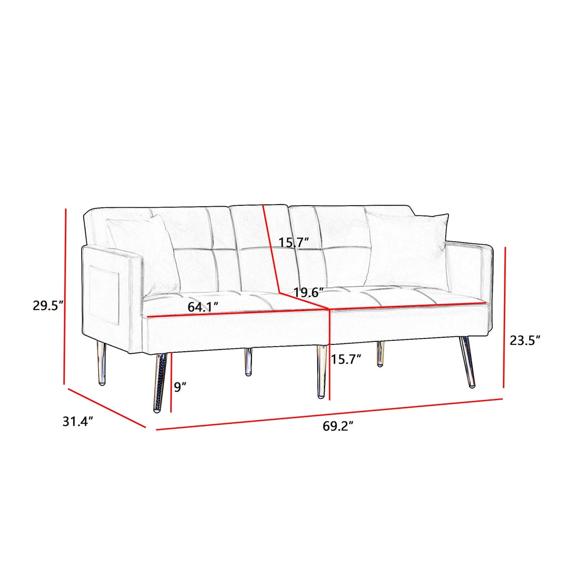 Pink Velvet Futon Sofa Bed with Gold Metal Legs Pink